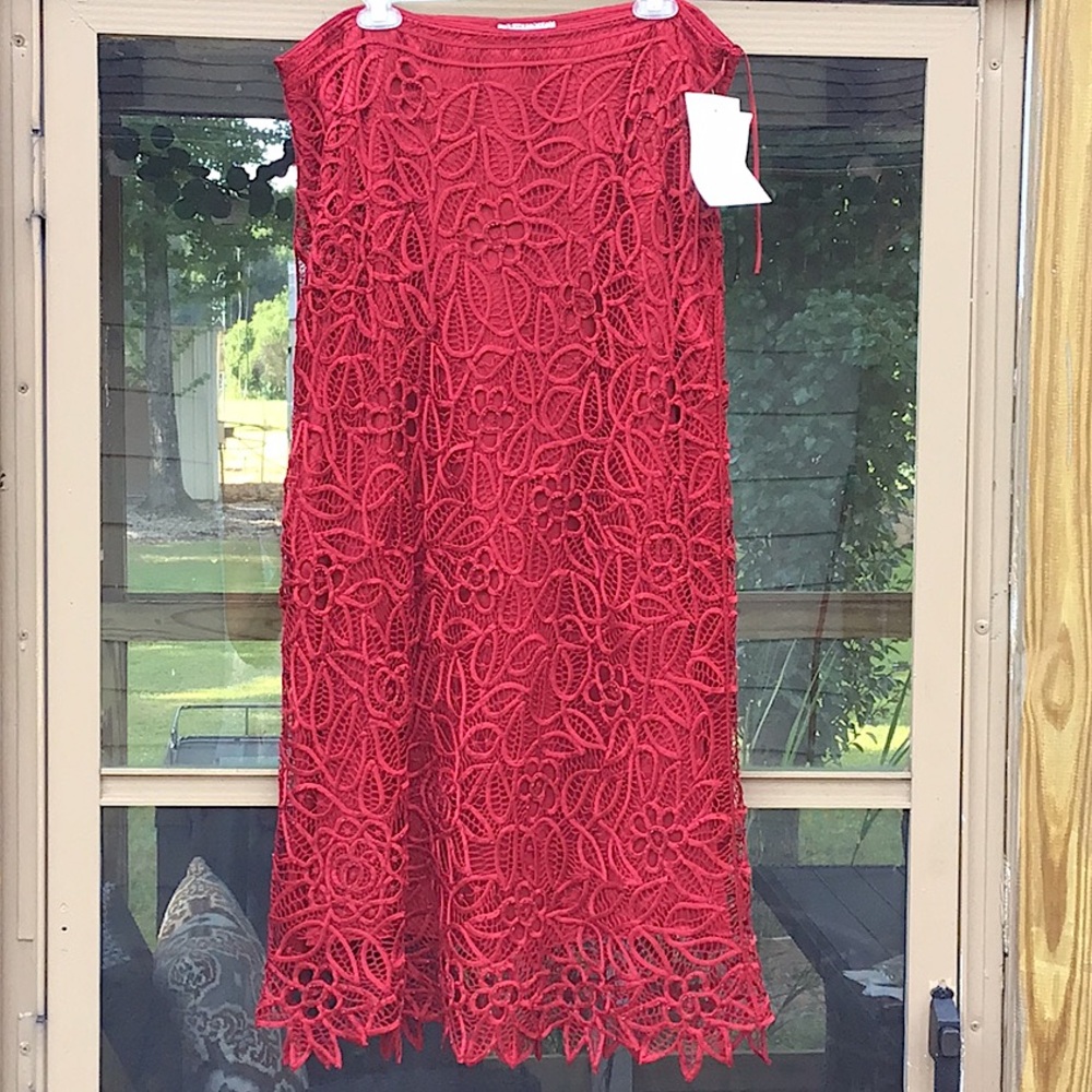 Silken Poetry Vintage 100% Silk Red Hand-crochet Beaded Lace Maxi Pencil Skirt